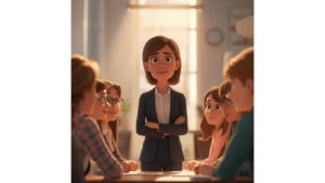 Vrouwelijke leidinggevende die voor een team staat. 